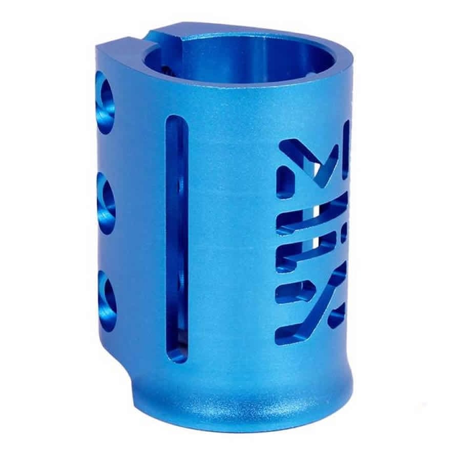 The Madd Gear (MGP) MFX X3 Cobra 3 Bolt Oversized Stunt Scooter Clamp in blue is a metal cylindrical object featuring multiple vertical slots and circular holes. Its anodized finish offers enhanced durability, while a distinctive cut-out pattern on the surface adds an element of style.