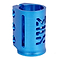 The Madd Gear (MGP) MFX X3 Cobra 3 Bolt Oversized Stunt Scooter Clamp in blue is a metal cylindrical object featuring multiple vertical slots and circular holes. Its anodized finish offers enhanced durability, while a distinctive cut-out pattern on the surface adds an element of style.