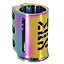The Madd Gear MGP MFX X3 Cobra 3 Bolt Oversized Stunt Scooter Clamp in Neochrome features a vibrant and anodized finish, highlighting intricate cut-out designs along with three circular holes for securing bolts in its triple bolt design.