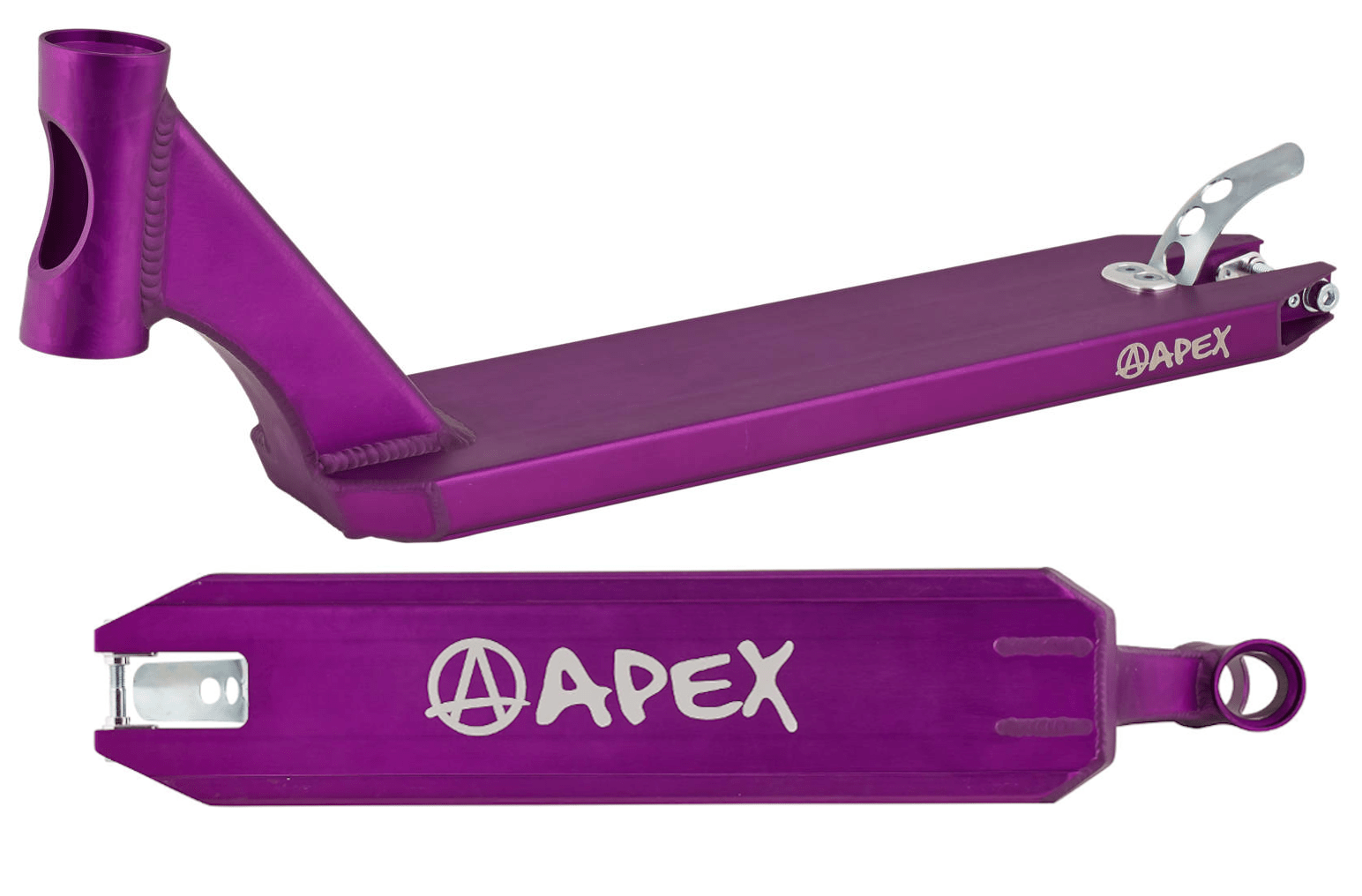 The Apex Pro Purple Stunt Scooter Deck, measuring 4.5" x 19.3", boasts a reinforced head tube and brake for durability, with the Apex logo prominently showcased on both the side and bottom for added style and assurance of quality.