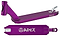 The Apex Pro Purple Stunt Scooter Deck, measuring 4.5" x 20.1", showcases a reinforced head tube and brake with the "APEX" brand logo in white. It is displayed from two perspectives: a side view presenting its structural features and a bottom view emphasizing the logo.