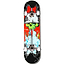 Introducing the Madd Gear MGP Gangsta Series Battlezone Complete Skateboard, featuring a striking design with a green skull wearing a helmet. This 7.75" x 31" double kicktail board is adorned with red and blue tones, along with illustrations of famous landmarks and clouds, making it an ideal choice for beginner skateboarders seeking style and excitement.