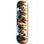 Introducing the Madd Gear MGP Gangsta Series On Fire Complete Skateboard, ideal for beginners. It boasts a captivating graphic design of a skeleton surrounded by vibrant yellow and orange flames on its grayish-blue deck, paired with white wheels and silver trucks.