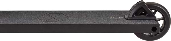 Close-up side view of the Native Stem L 560mm Complete Stunt Scooter in black, featuring a textured deck, geometric logo, and a single rear wheel with curved brake—ideal for beginners or street riders.
