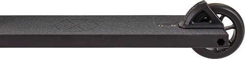 Close-up side view of the Native Stem 495mm S Complete Stunt Scooter by Native in black, featuring a textured deck, geometric logo, and a single rear wheel secured with a black plastic fender.