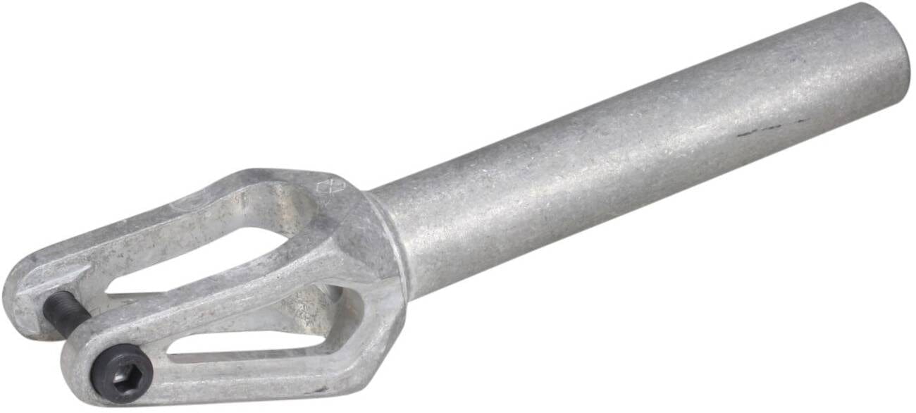 The Native Stem SCS/HIC Stunt Scooter Fork - Raw is a metal tube with a U-shaped attachment at one end, tailored for street riding and novice riders. This smooth-finish fork from Native showcases two parallel prongs at the U-shaped end, fastened by a small bolt.