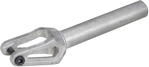 The Native Stem SCS/HIC Stunt Scooter Fork - Raw is a metal tube with a U-shaped attachment at one end, tailored for street riding and novice riders. This smooth-finish fork from Native showcases two parallel prongs at the U-shaped end, fastened by a small bolt.