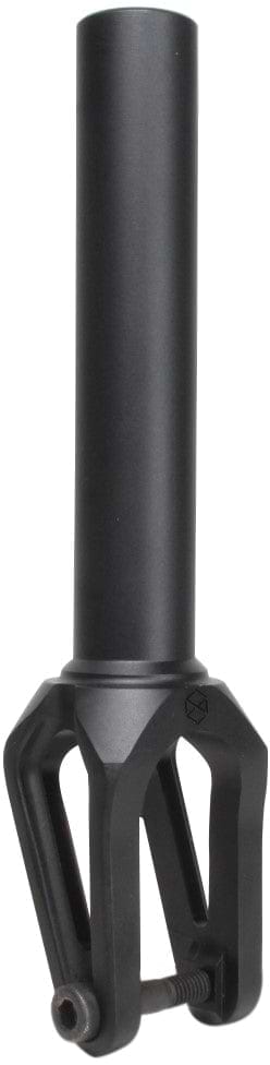 A black cylindrical metal object with a textured grip at the bottom, resembling the Native Stem SCS/HIC Stunt Scooter Fork. Perfect for street riding, its smooth upper section and bracketed base with bolts make it an excellent choice for beginner riders aiming to upgrade their mechanical components.