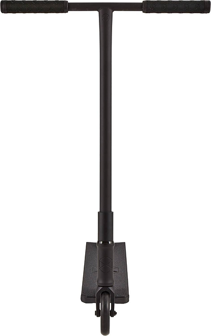 Front view of the Native Stem L 560mm Complete Stunt Scooter in black by Native, featuring rubber handlebars, a slim vertical stem, deck for standing, and visible front wheel—perfect for beginners.