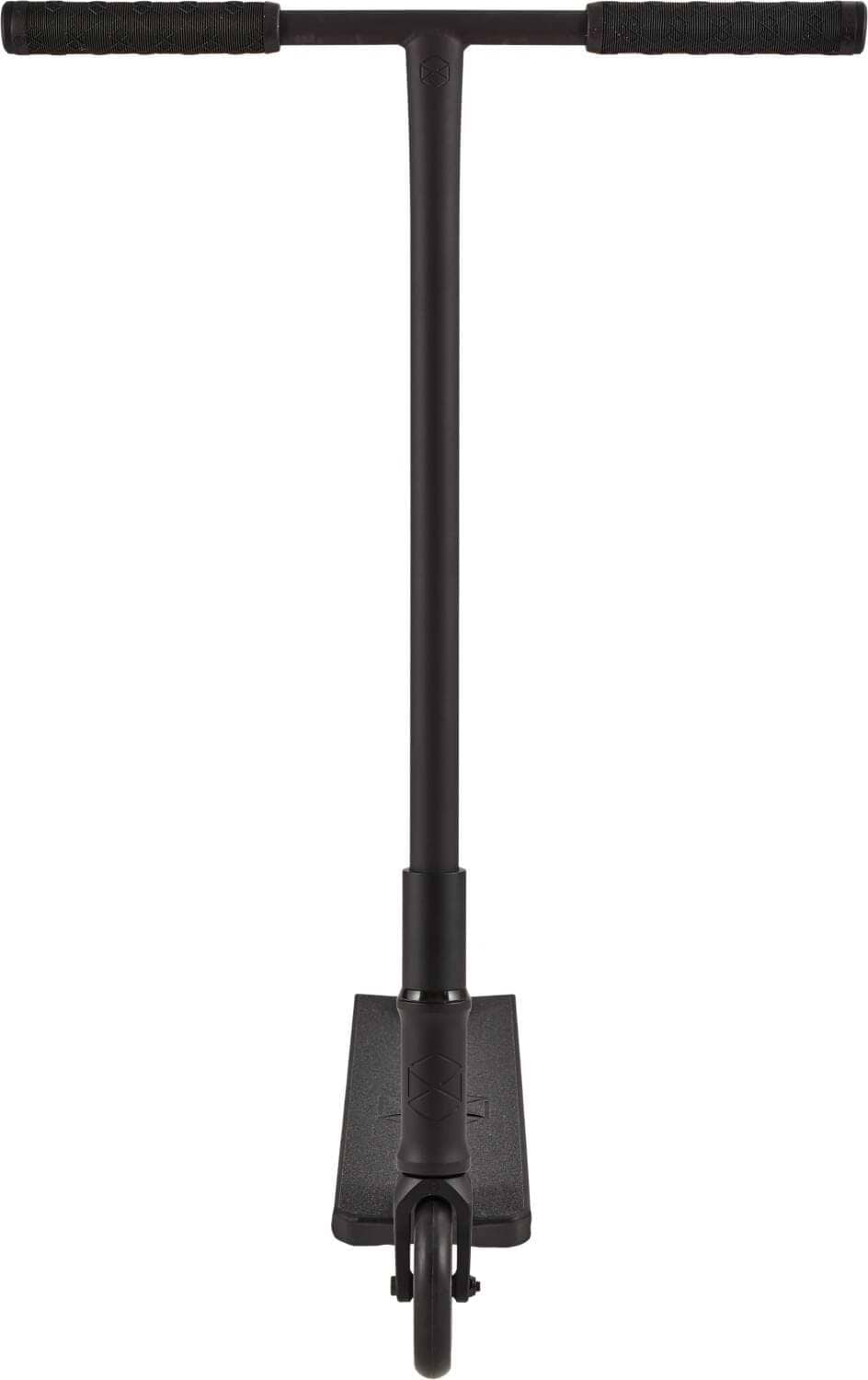 Front view of the Native Stem 495mm S Complete Stunt Scooter in black, featuring a T-shaped handlebar, rubber grips, and visible front wheel—ideal for beginners.