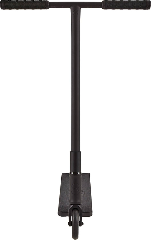 Front view of the Native Stem 495mm S Complete Stunt Scooter in black, featuring a T-shaped handlebar, rubber grips, and visible front wheel—ideal for beginners.