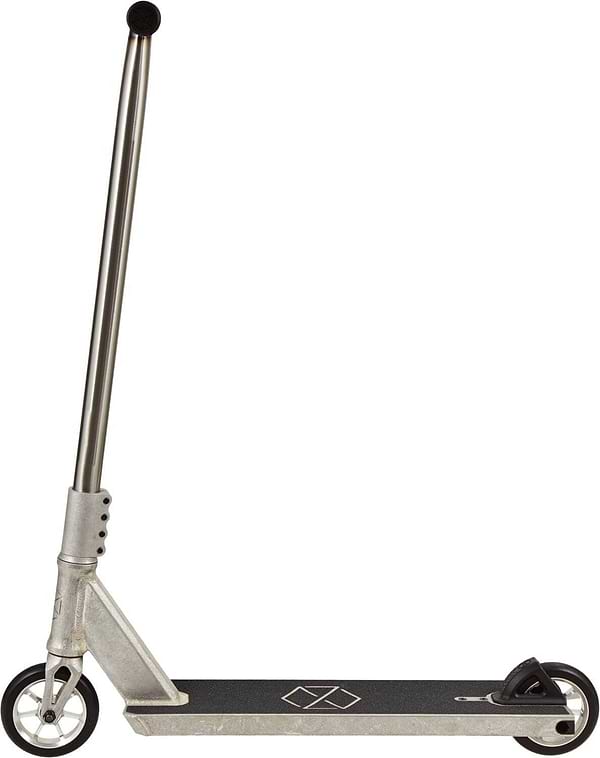 The Native Stem M 520mm Complete Stunt Scooter in Raw features a silver finish, black grip surface, two small metal wheels, an upright handlebar with a black grip, and a white geometric design—ideal for beginners.