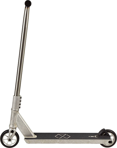 The Native Stem L 560mm Complete Stunt Scooter by Native is shown from the side on a plain white background. This Raw scooter has a long handlebar, small wheels, a black deck with a white geometric logo, and black/silver accents.