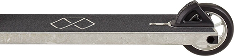Side view of the Native Stem M 520mm Complete Stunt Scooter by Native, featuring a raw metal deck with black grip tape, geometric logo, and rear wheel mounted on a sturdy frame.