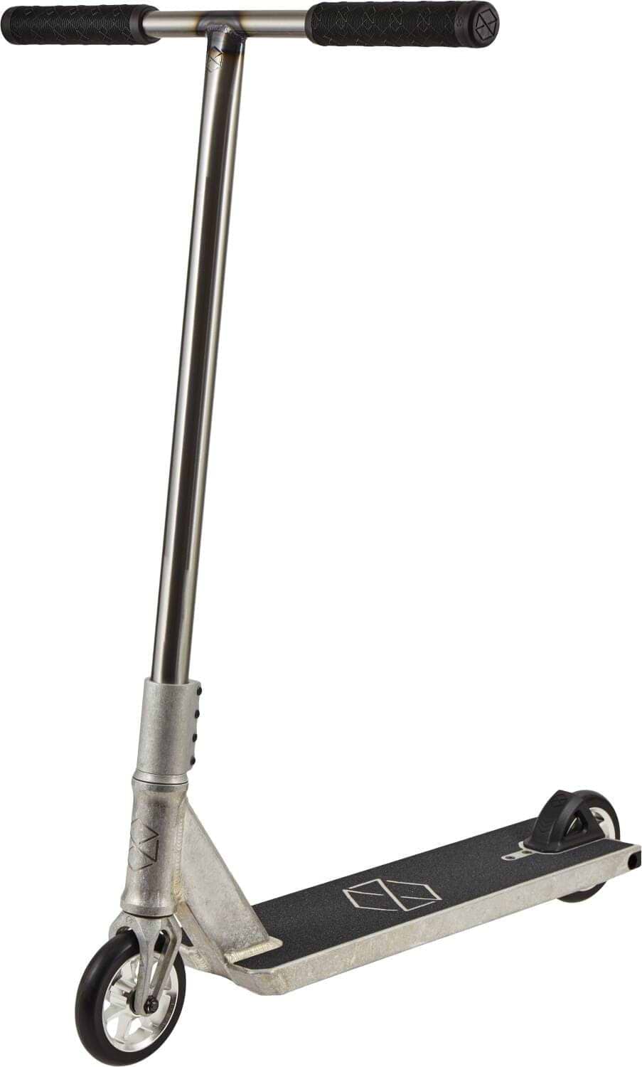 The Native Stem M 520mm Complete Stunt Scooter - Raw is a silver beginner scooter from Native with black handlebars and deck grips, small metal wheels, rear fender brake, and a simple geometric deck design.