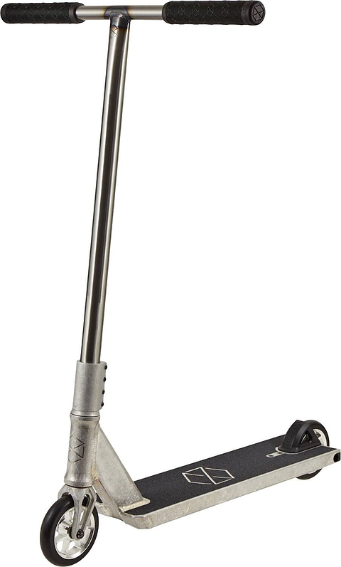 The Native Stem M 520mm Complete Stunt Scooter - Raw is a silver beginner scooter from Native with black handlebars and deck grips, small metal wheels, rear fender brake, and a simple geometric deck design.