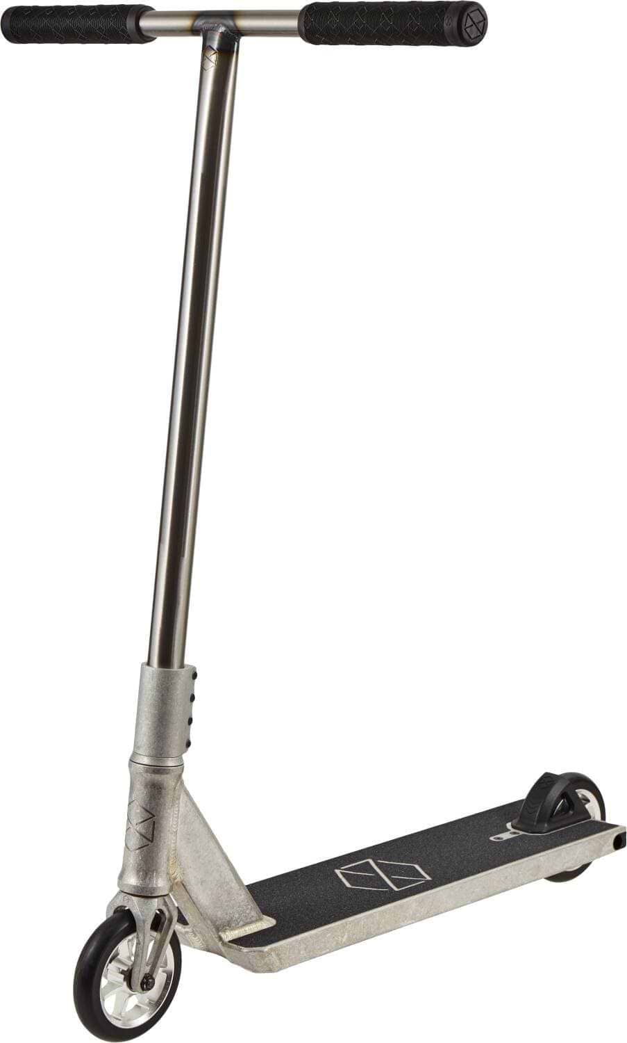 The Native Stem L 560mm Complete Stunt Scooter - Raw by Native features a silver frame, black handlebar grips, black grip tape deck, and two small wheels—a minimalist design perfect for beginners or street scooting.