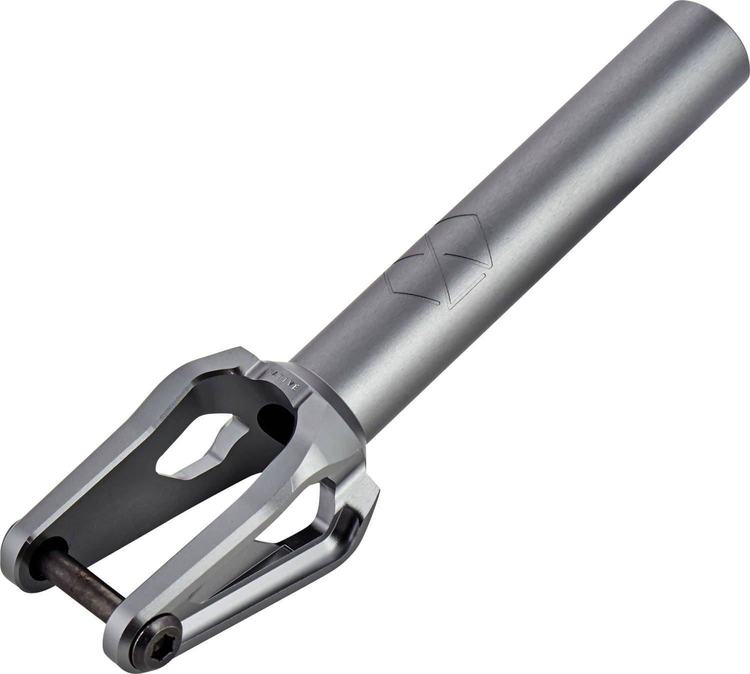The Native Versa SCS/HIC Stunt Scooter Fork - Raw is a custom scooter component from Native, meticulously crafted from CNC-machined aluminum. It features a sleek, cylindrical design with dual prongs connected by a bolt, geometric cutouts, and an engraved logo near the base for a polished finish.