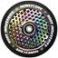The Root Industries Honeycore 120mm Stunt Scooter Wheel in Black with Rocket Fuel Neochrome features a honeycomb cut-out pattern enhanced by a rainbow metallic finish at its core, encased in black rubber. The brand name is stylishly printed along the edge, reflecting precision and elegance, complete with premium Root bearings.