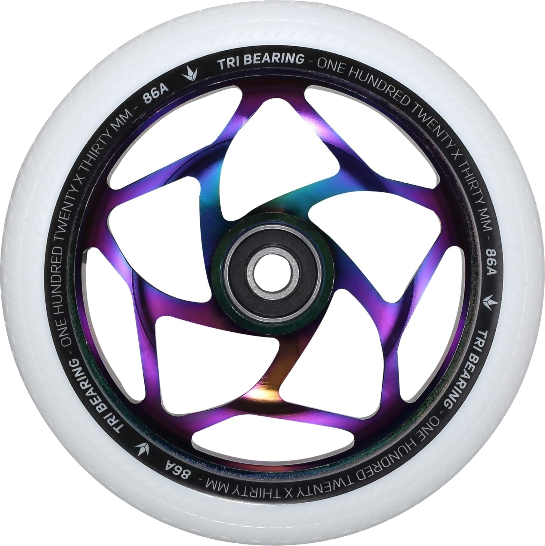 The Blunt Envy Tri-Bearing 120mm x 30mm Scooter Wheel in Neochrome and White features a metallic, iridescent hub with a star-like spoke pattern. It offers enhanced control thanks to its innovative Tri-Bearing design. With a white tire rated at 86A hardness and full specifications encircling the hub, this wheel is both stylish and functional.