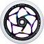 The Blunt Envy Tri-Bearing 120mm x 30mm Scooter Wheel in Neochrome and White features a metallic, iridescent hub with a star-like spoke pattern. It offers enhanced control thanks to its innovative Tri-Bearing design. With a white tire rated at 86A hardness and full specifications encircling the hub, this wheel is both stylish and functional.