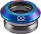 A Neochrome ring, crafted with a vibrant iridescent finish, sits atop a silver metallic base made from CNC milled aluminum. It features a white infinity symbol and the word "INFINITY," reflecting the precision found in Infinity's Integrated Stunt Scooter Headset.