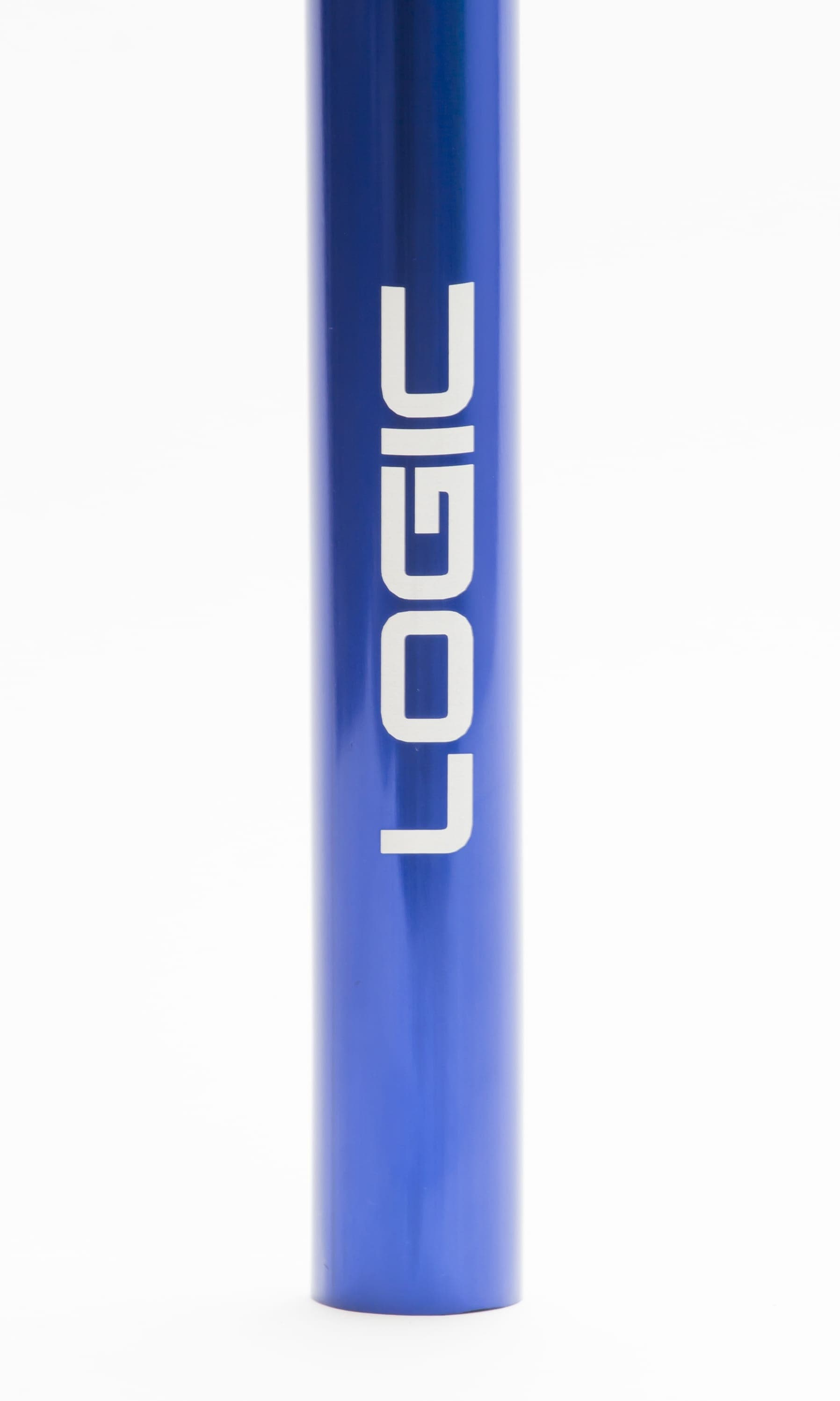 A blue cylindrical object, resembling the sleek Logic Axis V2 Aluminium Oversized IHC Stunt Scooter Bars, features "LOGIC" written vertically in bold white capital letters against a plain white background.