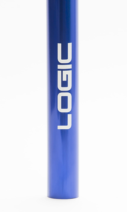 A blue cylindrical object, resembling the sleek Logic Axis V2 Aluminium Oversized IHC Stunt Scooter Bars, features "LOGIC" written vertically in bold white capital letters against a plain white background.
