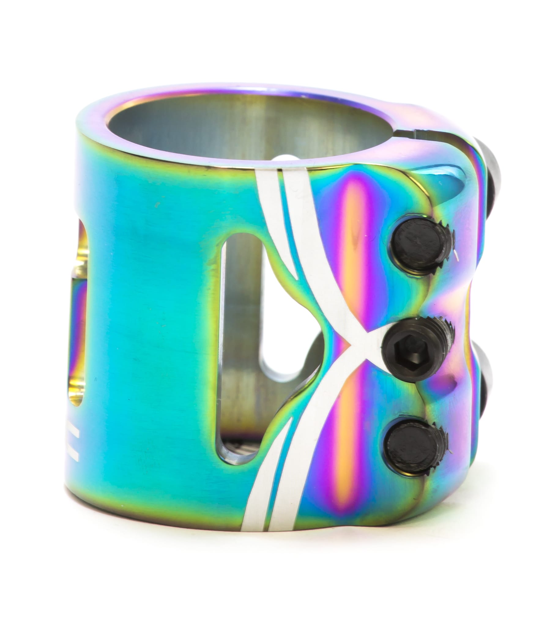 The Logic 3 Bolt Oversized Stunt Scooter Clamp - Neochrome is designed with a 3-bolt system, making it an excellent choice for lightweight HIC setups. It features two rectangular cutouts and comes in a vibrant neochrome finish, offering an iridescent shimmer of reflective colors.