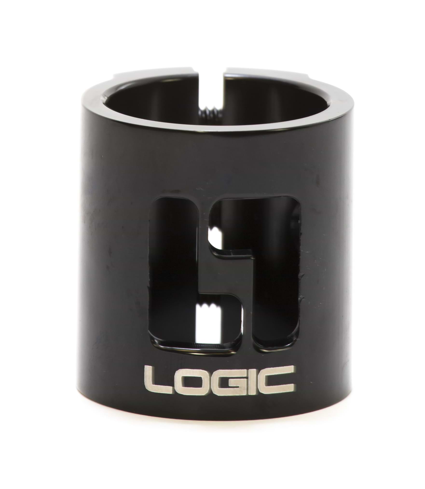 The Logic 3 Bolt Oversized Stunt Scooter Clamp, ideal for lightweight HIC setups, boasts a sleek black metal design with "LOGIC" elegantly engraved in silver. Its cut-out construction enhances its stylish look while delivering superior clamping power and a smooth, glossy finish.