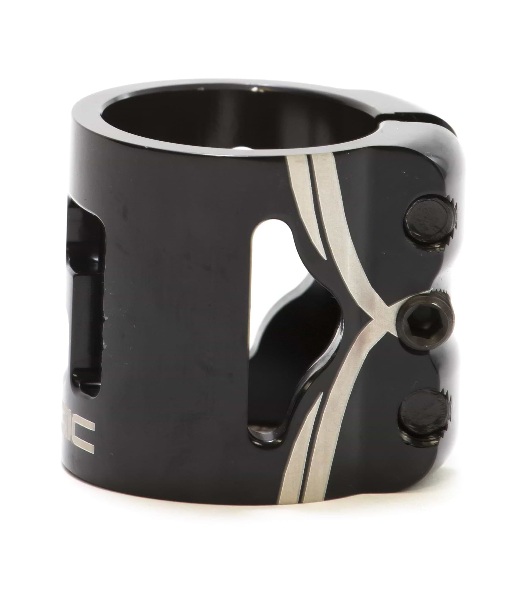 Introducing the Logic 3 Bolt Oversized Stunt Scooter Clamp in black, boasting a sleek cylindrical design with cut-out sections and an engraved silver stripe. This lightweight clamp offers robust clamping power and features three visible screws on the side for tightening in HIC setups.