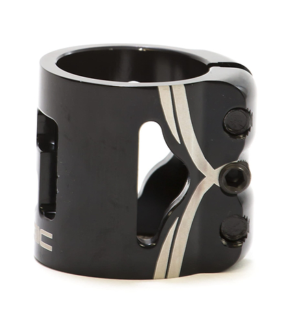 Introducing the Logic 3 Bolt Oversized Stunt Scooter Clamp in black, boasting a sleek cylindrical design with cut-out sections and an engraved silver stripe. This lightweight clamp offers robust clamping power and features three visible screws on the side for tightening in HIC setups.