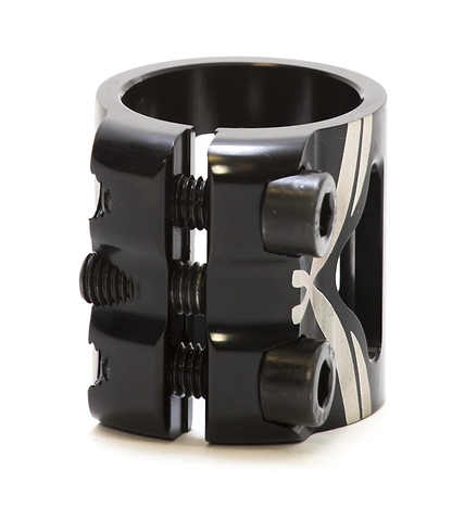 The Logic 3 Bolt Oversized Stunt Scooter Clamp - Black by Logic boasts remarkable clamping power with its sleek black metal design. Featuring three bolts for enhanced stability, it adds a decorative flair to lightweight HIC setups with its silver, symmetrical pattern. Its upright, cylindrical shape is perfect for secure tightening.