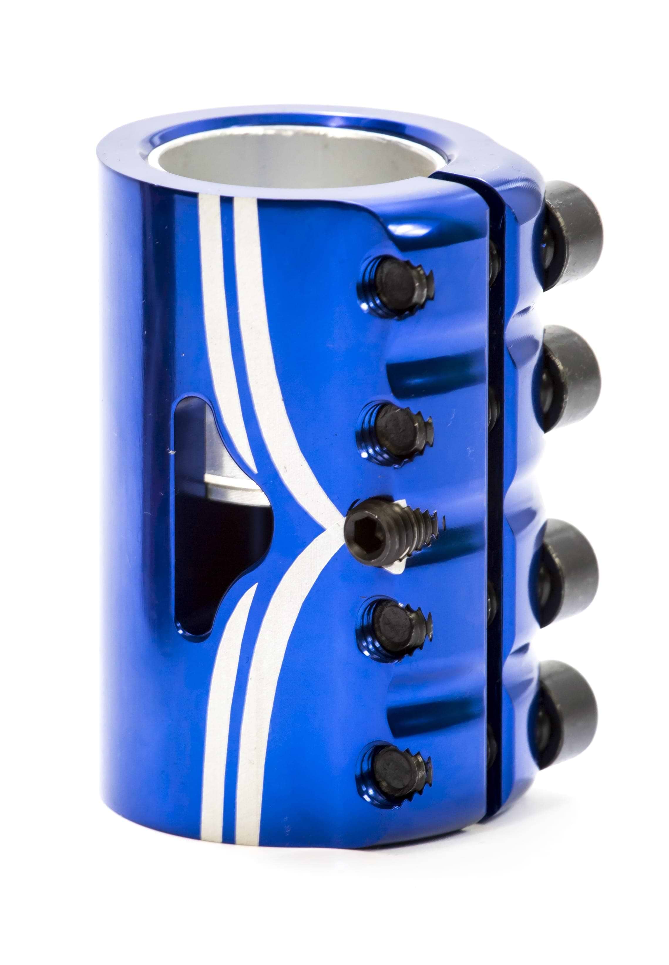 Introducing the Logic V2 4 Bolt Oversized SCS Stunt Scooter Clamp by Logic: a sleek, metallic blue clamp that is lightweight and features high tensile bolts. It includes several black screws and bold white vertical stripes. The design incorporates a cutout and smooth cylindrical shape, making it ideal for mechanical or structural applications.