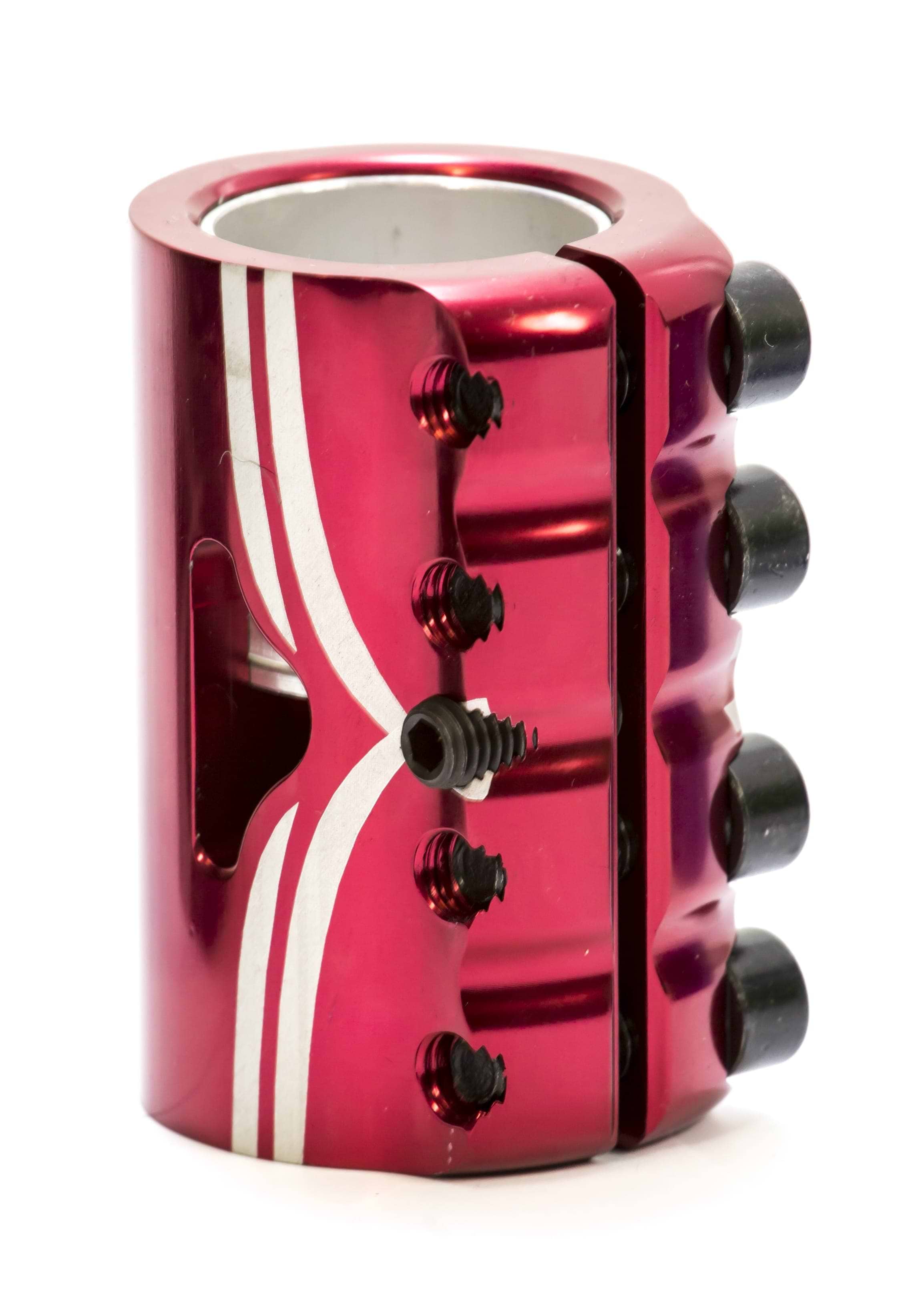 The Logic V2 4 Bolt Oversized SCS Stunt Scooter Clamp in red from Logic is a sleek metallic clamp featuring white stripes and multiple black bolts for secure attachment. Expertly crafted using CNC machining, it boasts curved edges and a small window cutout, providing both style and functionality in this lightweight design.