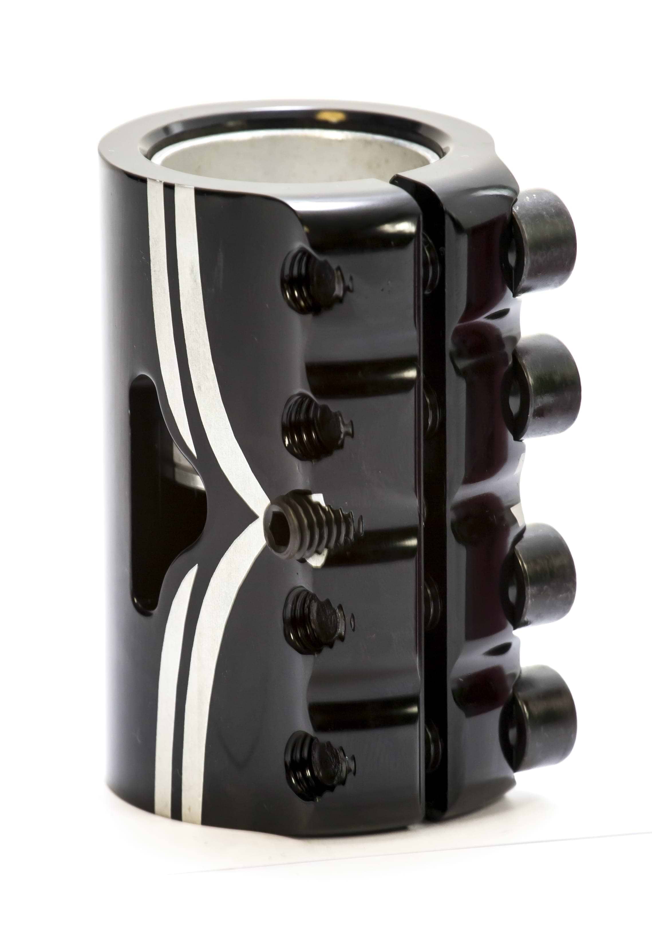 The Logic V2 4 Bolt Oversized SCS Stunt Scooter Clamp by Logic, crafted in black and silver from metal using CNC machining, showcases several screws for secure attachment. Its cylindrical design indicates it could be a sturdy clamp. With precisely engineered openings, this sleek component combines functionality with style.