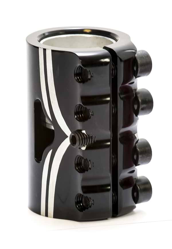 The Logic V2 4 Bolt Oversized SCS Stunt Scooter Clamp by Logic, crafted in black and silver from metal using CNC machining, showcases several screws for secure attachment. Its cylindrical design indicates it could be a sturdy clamp. With precisely engineered openings, this sleek component combines functionality with style.