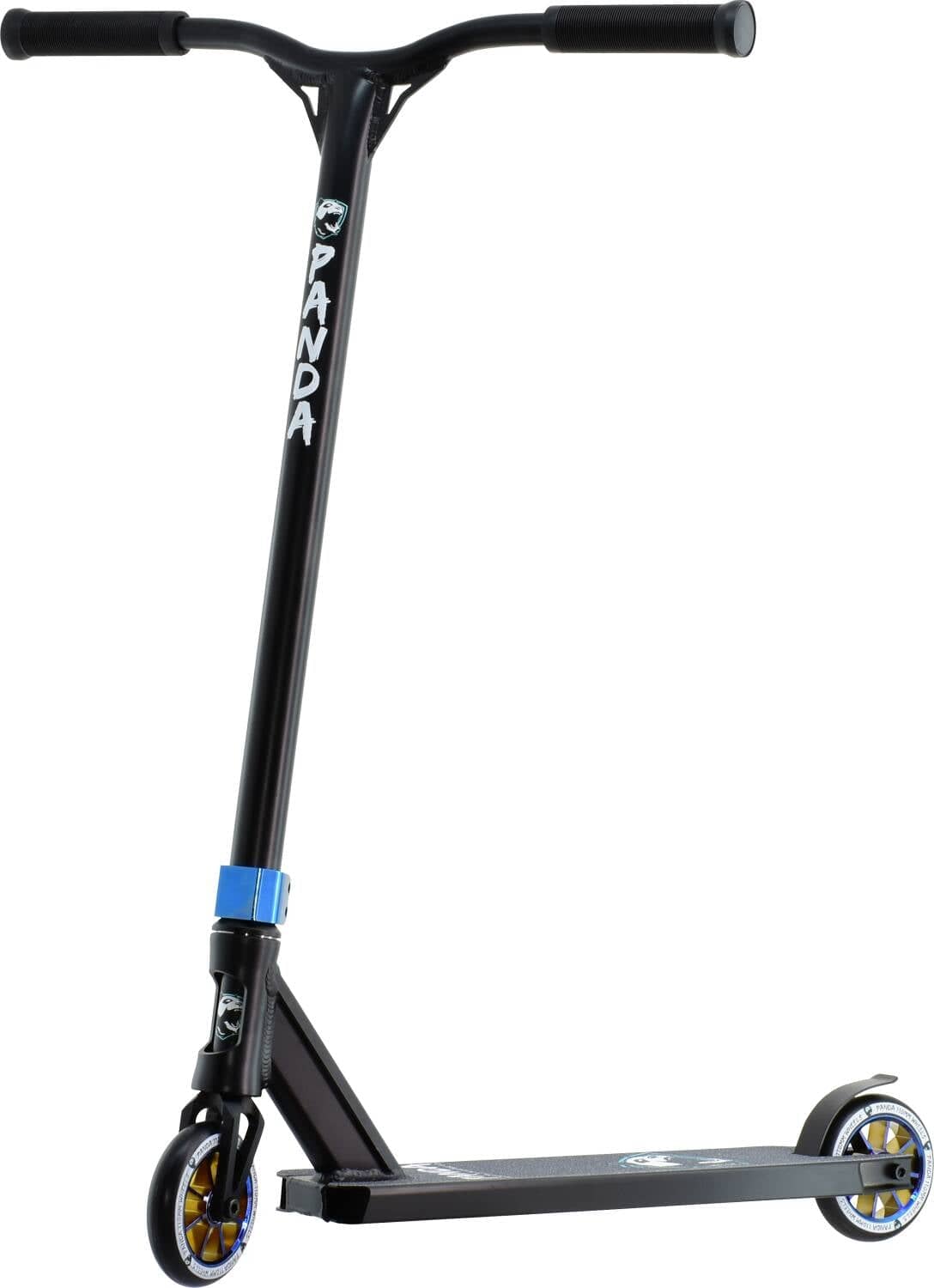 Introducing the Panda Primus Complete Stunt Scooter—a durable, lightweight option perfect for beginner riders. This sleek black model prominently features "Panda" on the handlebars, includes a blue clamp, and gold accents on the wheels. Its sturdy deck is expertly designed for tricks and stunts.