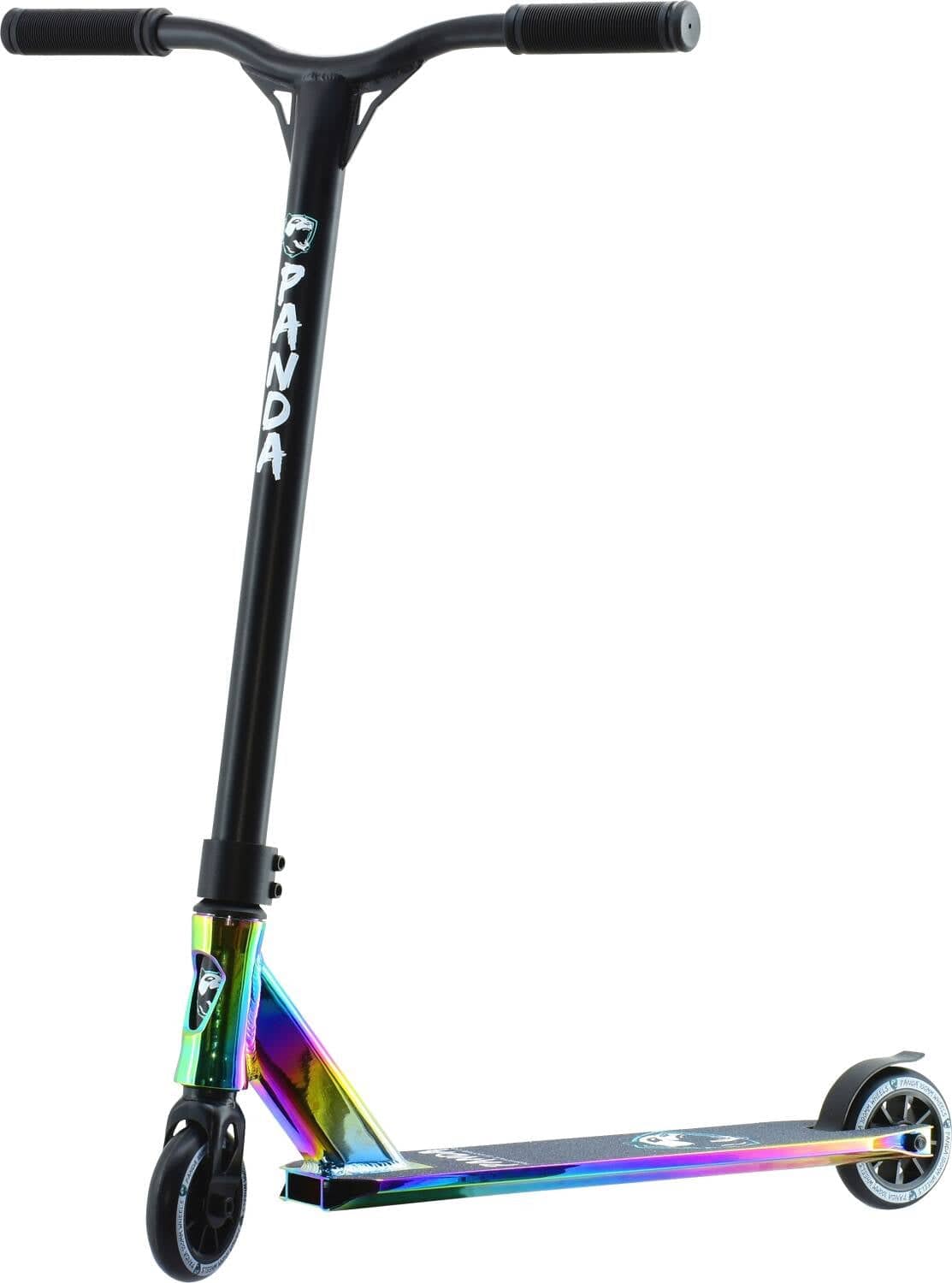 The Panda Primus Complete Stunt Scooter by Panda is a lightweight freestyle scooter featuring a black handlebar and grips with the word "PANDA" displayed vertically on the neck. It includes a durable deck and headset with an iridescent, neochrome finish, complemented by two small wheels, making it perfect for beginners.