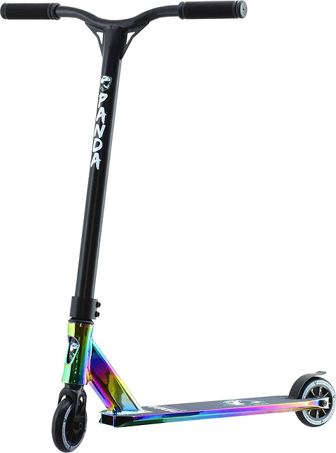 The Panda Primus Complete Stunt Scooter by Panda is a lightweight freestyle scooter featuring a black handlebar and grips with the word "PANDA" displayed vertically on the neck. It includes a durable deck and headset with an iridescent, neochrome finish, complemented by two small wheels, making it perfect for beginners.