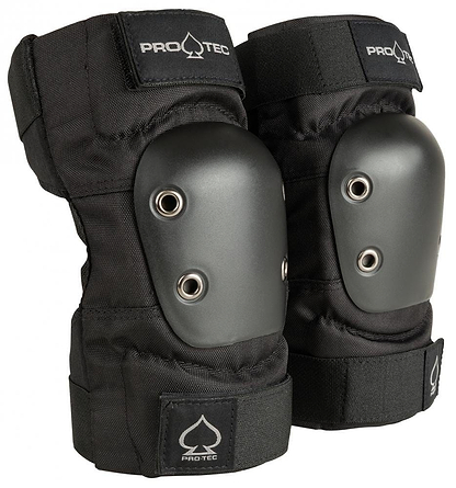A pair of black Pro-Tec elbow pads featuring an ergonomic design with hard protective shells and adjustable straps, perfect for skateboard protection.