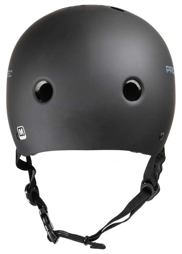 The Pro-Tec Classic Certified Skate/Scooter Helmet in matte black is equipped with a high-impact absorbing ABS shell, ventilation holes, and a chin strap. It showcases the "Pro-Tec" logo on the side and has a size "M" label on the back, making it ideal for extreme sports enthusiasts who prioritize both style and safety.