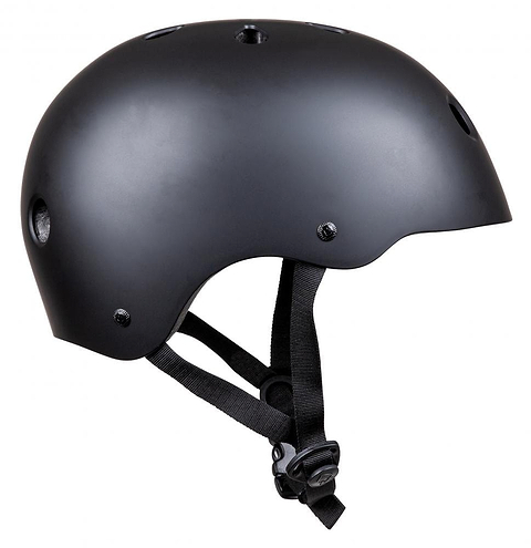 The Pro-Tec Prime Skate / Scooter Helmet in black by Pro-Tec includes ventilation holes, an adjustable chin strap, and boasts a simple, sleek design. It is lined with EPS foam for enhanced protection and is elegantly showcased in a profile view.