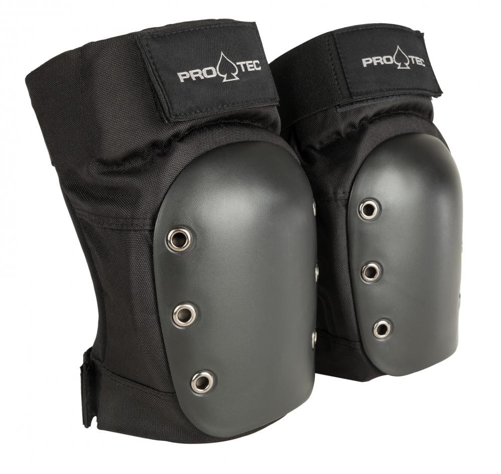 The Pro-Tec Street Knee Skate Protection Pads - Black provide solid protection with their stylish black design, hard gray plastic caps, and metal rivets. With an ergonomic knee cup shape, these pads also feature the "Pro-Tec" logo on the top strap for both style and security.
