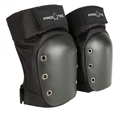 The Pro-Tec Street Knee Skate Protection Pads - Black provide solid protection with their stylish black design, hard gray plastic caps, and metal rivets. With an ergonomic knee cup shape, these pads also feature the "Pro-Tec" logo on the top strap for both style and security.