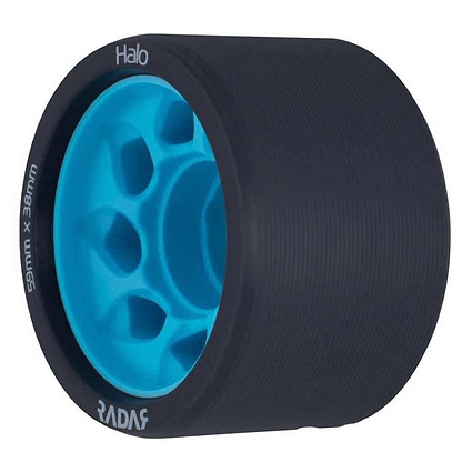 Close-up of a charcoal Radar Halo 95A Roller Derby Wheel with a vivid blue core and an H-shaped hub. The wheel is branded "Radar" and its specifications "59mm x 38mm" are printed on the surface.
