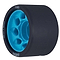 Close-up of a charcoal Radar Halo 95A Roller Derby Wheel with a vivid blue core and an H-shaped hub. The wheel is branded "Radar" and its specifications "59mm x 38mm" are printed on the surface.