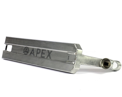 A metal component engraved with "APEX", similar to a part of the Apex Pro Raw Silver Boxed Stunt Scooter Deck measuring 5" x 20.1". It has a rectangular shape with an angled end and circular cutout, showcasing a brushed finish. Engineered for durability, it benefits from T6 heat treatment, highlighting its high quality.