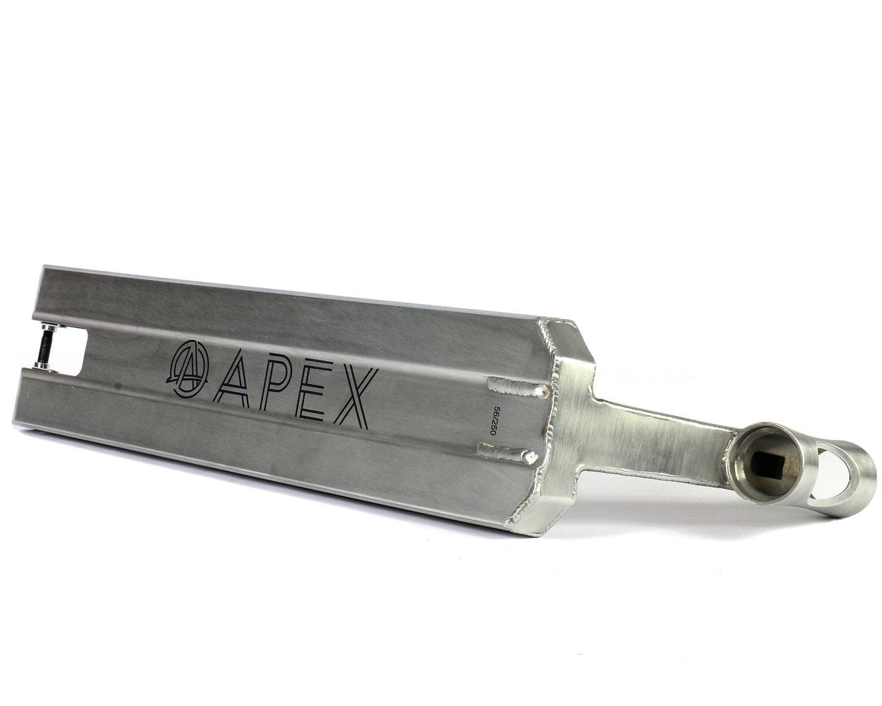 Close-up of the Apex Pro Raw Silver Boxed Stunt Scooter Deck by Apex, with "APEX" engraved on the side. This deck, featuring T6 heat treatment, exhibits a sleek design with boxed ends, positioned at an angle to highlight its 5" x 20.9" size and expert craftsmanship.