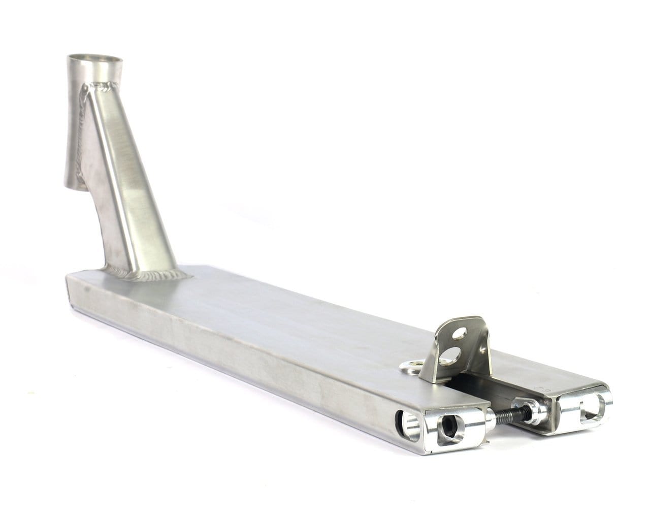 The Apex Pro Raw Silver Boxed Stunt Scooter Deck by Apex, sized at 5" x 20.9", boasts a minimalist design in silver metal and benefits from T6 heat treatment for improved durability. It includes a flat base with an angled neck for easy handlebar integration, while the boxed deck ends offer stability and feature two openings at the rear for wheel attachment.